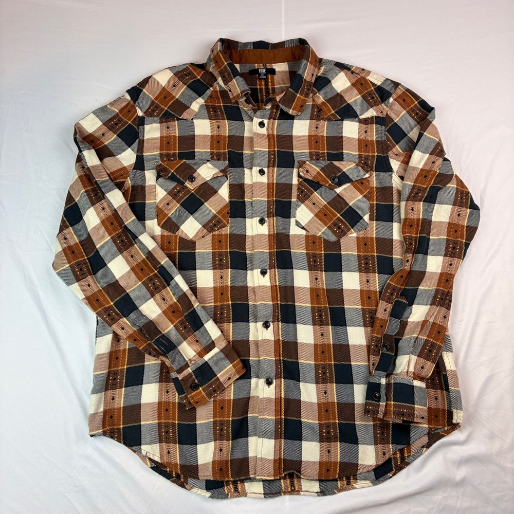 Frye Men's Checkered Button Down Shirt in Navy Blue, Brown and Cream